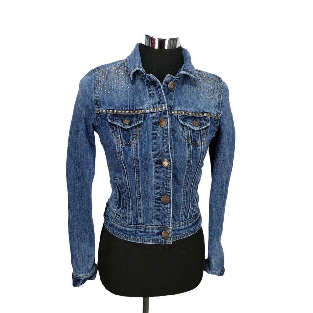 American Eagle XS studded crop distressed dark blue Denim Jean Jacket‎
